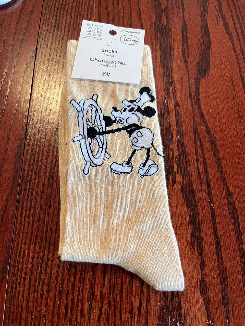 H&M Beige Crew Socks with Black-and-White Mickey Graphic